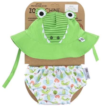 Set Badewindel & Sonnenhut UV-Schutz Alligator grün-weiß