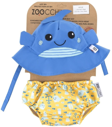 Set Badewindel & Sonnenhut UV-Schutz Wal blau-gelb