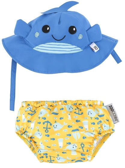 Set Badewindel & Sonnenhut UV-Schutz Wal blau-gelb